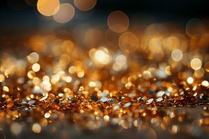 Out of focus background, bokeh, gold color, sparking blight. AI generative photo