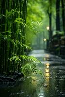 Foggy and rainy, bamboo forest. AI generative photo