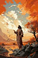 Jesus preaching to a large crowd full of people with birds in the sky. AI generative photo