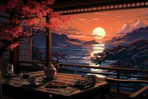 Pixel art of a window with tea leaves. AI generative photo