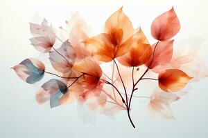 Autumn colored fall leaf isolated on transparent background overlay texture. AI generative photo