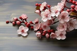 Japanese Sakura flower over a corner of a white wooden table background. AI generative photo