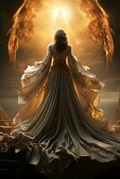 Back of a low angle sunrise fashion photoreal photograph like a movie poster of a beautiful winged Arch angel Michael wearing a white robe with a sword. AI generative photo