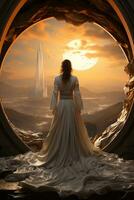 Back of a low angle sunrise fashion photoreal photograph like a movie poster of a beautiful winged Arch angel Michael wearing a white robe with a sword. AI generative photo