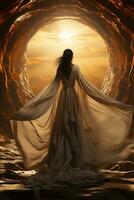 Back of a low angle sunrise fashion photoreal photograph like a movie poster of a beautiful winged Arch angel Michael wearing a white robe with a sword. AI generative photo