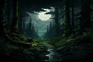 Dark green woods, pixel art. AI generative photo