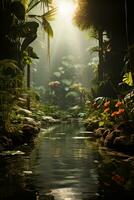 Photo of inside jungle with sun. AI generative