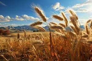 A golden wheat field, rice swaying in the wind, paramount light, Surrealism. AI generative photo