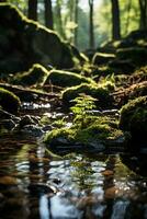 A rock covered with moss in the foreground. AI generative photo