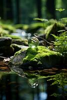 A rock covered with moss in the foreground. AI generative photo