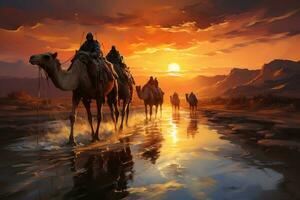 A colorful oil painting of a camel procession in the Desert. AI generative photo