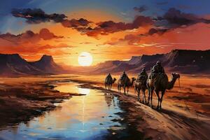 A colorful oil painting of a camel procession in the Desert. AI generative photo