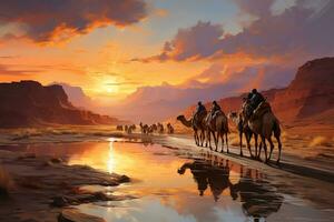 A colorful oil painting of a camel procession in the Desert. AI generative photo