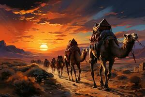 A colorful oil painting of a camel procession in the Desert. AI generative photo