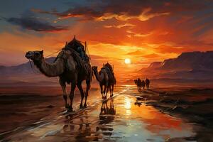 A colorful oil painting of a camel procession in the Desert. AI generative photo