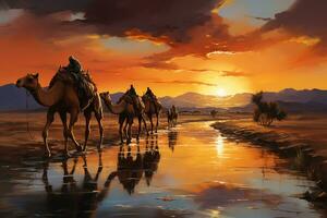 A colorful oil painting of a camel procession in the Desert. AI generative photo