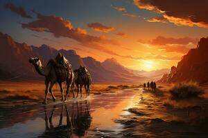 A colorful oil painting of a camel procession in the Desert. AI generative photo