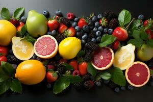Background surrounded by fruits, Free space for your text. AI generative photo