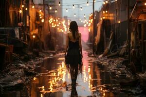 A woman in a dark fairy kei fashion wedding dress wading in a rundown industrial complex in the rain at dusk. Moody atmosphere. AI generative photo