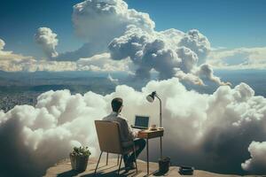 Back view of businessman sitting on cloud, working with laptop, table, chair, blue sky, copyspace. AI generative photo