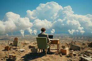 Back view of businessman sitting on cloud, working with laptop, table, chair, blue sky, copyspace. AI generative photo