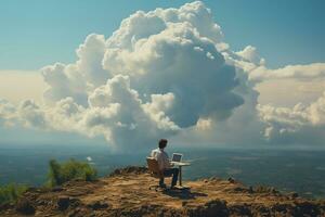 Back view of businessman sitting on cloud, working with laptop, table, chair, blue sky, copyspace. AI generative photo