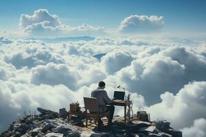 Back view of businessman sitting on cloud, working with laptop, table, chair, blue sky, copyspace. AI generative photo