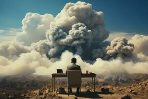 Back view of businessman sitting on cloud, working with laptop, table, chair, blue sky, copyspace. AI generative photo