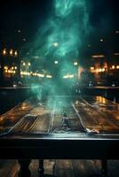 Background of empty dark scene with wooden old floor. Neon light smoke. AI generative photo