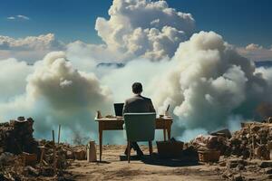 Back view of businessman sitting on cloud, working with laptop, table, chair, blue sky, copyspace. AI generative photo