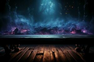 Background of empty dark scene with wooden old floor. Neon light smoke. AI generative photo