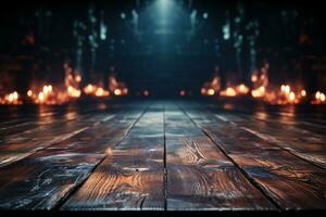 Background of empty dark scene with wooden old floor. Neon light smoke. AI generative photo