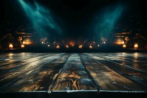 Background of empty dark scene with wooden old floor. Neon light smoke. AI generative photo