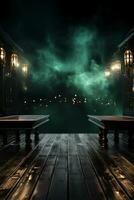 Background of empty dark scene with wooden old floor. Neon light smoke. AI generative photo