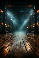 Background of empty dark scene with wooden old floor. Neon light smoke. AI generative photo