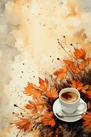 Beige background with coffee stains and autumn leaves in watercolor style. AI generative photo