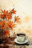 Beige background with coffee stains and autumn leaves in watercolor style. AI generative photo