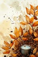 Beige background with coffee stains and autumn leaves in watercolor style. AI generative photo