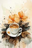 Beige background with coffee stains and autumn leaves in watercolor style. AI generative photo