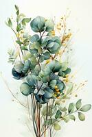 illustration of eucalyptus and twigs with leaves in watercolor. AI generative photo