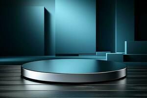 a silver metal podium and backdrop in studio lighting blue background. AI generative photo