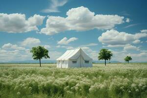 green field, bright, realistic, short grass, white tent, far away. AI generative photo