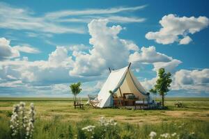 green field, bright, realistic, short grass, white tent, far away. AI generative photo