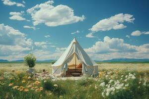 green field, bright, realistic, short grass, white tent, far away. AI generative photo