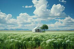 green field, bright, realistic, short grass, white tent, far away. AI generative photo