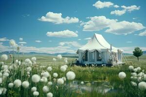 green field, bright, realistic, short grass, white tent, far away. AI generative photo