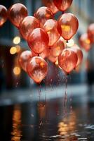 Red baloons, bokeh in backround, shallow depth of field. AI generative photo