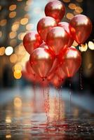 Red baloons, bokeh in backround, shallow depth of field. AI generative photo