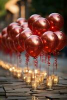 Red baloons, bokeh in backround, shallow depth of field. AI generative photo