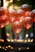 Red baloons, bokeh in backround, shallow depth of field. AI generative photo